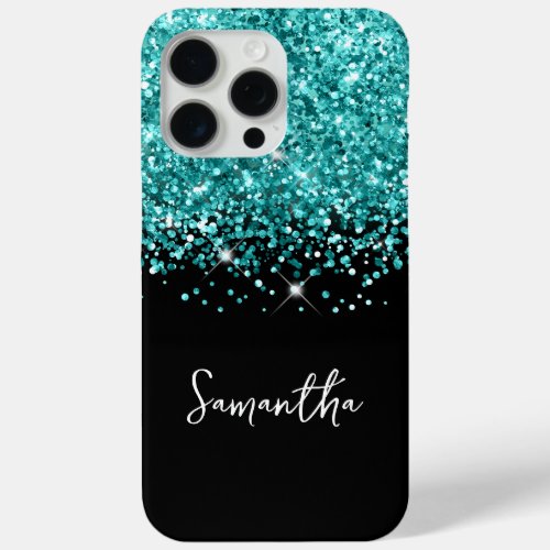 Glittery Teal and Black Glam Name iPhone 15 Pro Max Case