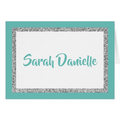 Glittery Teal and Silver Personalized Note Card