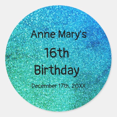 Glittery Teal Blue Green Sparkle 16th Birthday Classic Round Sticker