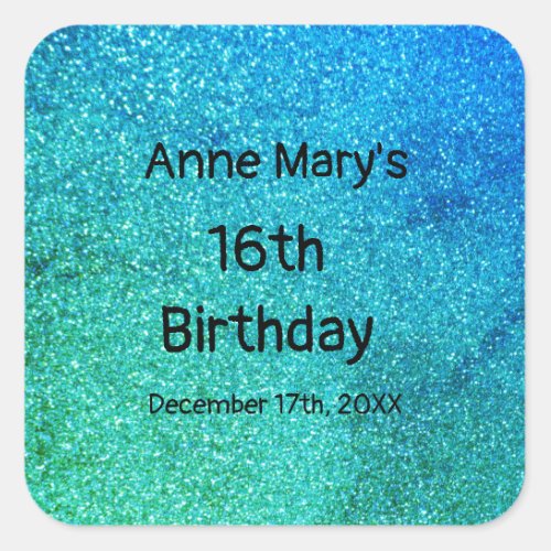 Glittery Teal Blue Green Sparkle 16th Birthday Square Sticker