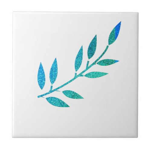 Glittery Teal Blue Leaf Pattern White Gift Decor Ceramic Tile