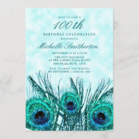 Glittery Teal Blue Peacock Feathers 100th Birthday