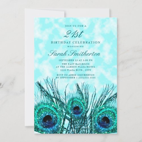 Glittery Teal Blue Peacock Feathers 21st Invitation