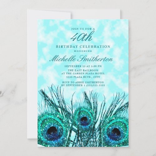 Glittery Teal Blue Peacock Feathers 40th Invitation