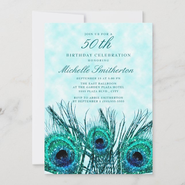 Glittery Teal Blue Peacock Feathers 50th Invitation (Front)
