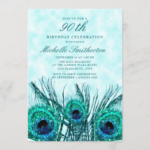 Glittery Teal Blue Peacock Feathers 90th Birthday Invitation