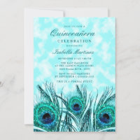 Glittery Teal Blue Peacock Feathers Quinceañera