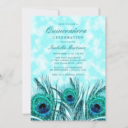 Glittery Teal Blue Peacock Feathers Quinceaera Invitation