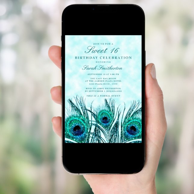 Glittery Teal Blue Peacock Feathers Sweet 16 Invitation (Front Digital)