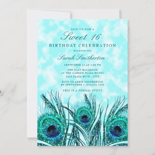 Glittery Teal Blue Peacock Feathers Sweet 16 Invitation