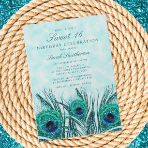 Glittery Teal Blue Peacock Feathers Sweet 16 Invitation