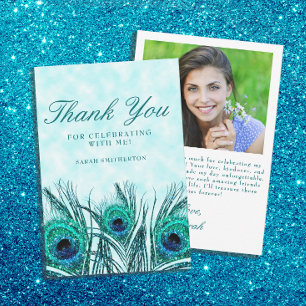 Glittery Teal Blue Peacock Feathers Sweet 16 Photo Thank You Card