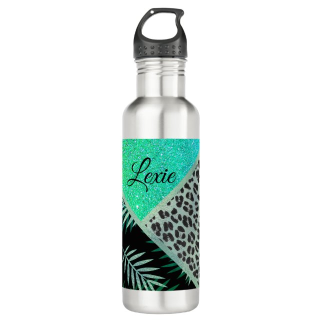 Glittery Teal Ferns Leopard Print      Stainless Steel Water Bottle (Front)
