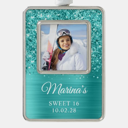 Glittery Teal Foil Sweet 16 Photo Christmas Ornament