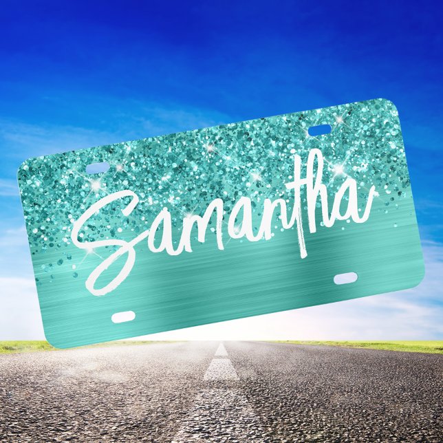 Glittery Teal Glam Brush Script Name License Plate (Create Your Own Girly Decorative License Plate)
