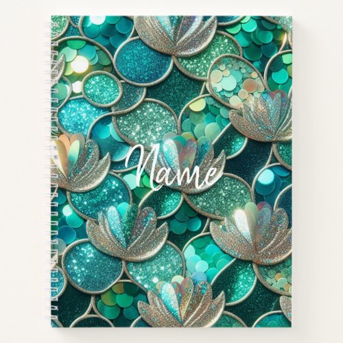 Glittery Teal Mermaid Tail And Flowers Print Name Notebook