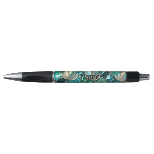 Glittery Teal Mermaid Tail And Flowers Print Name Pen