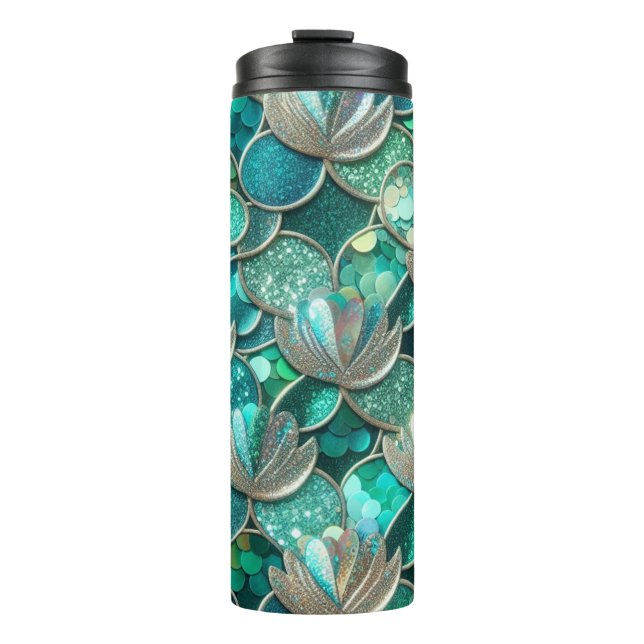 Glittery Teal Mermaid Tail And Flowers Print  Thermal Tumbler (Front)