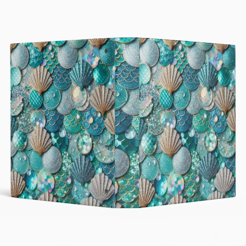 Glittery Teal Mermaid Tail Scales Print  3 Ring Binder