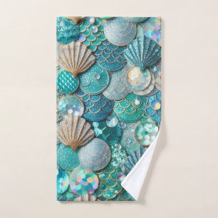 Glittery Teal Mermaid Tail Scales Print Hand Towel