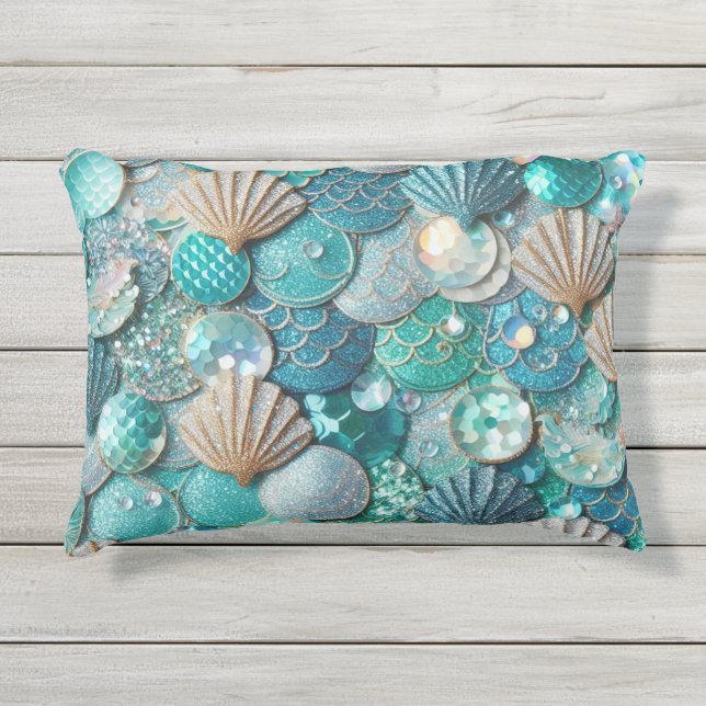 Glittery Teal Mermaid Tail Scales Print Outdoor Pillow (Front)