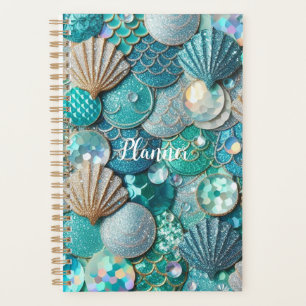 Glittery Teal Mermaid Tail Scales Print Planner