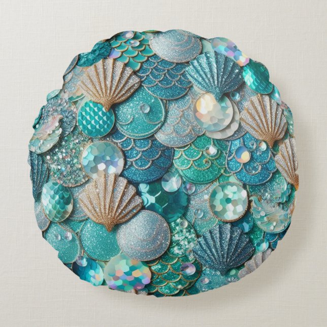 Glittery Teal Mermaid Tail Scales Print Round Pillow (Front)