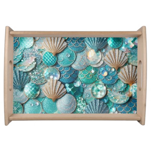 Glittery Teal Mermaid Tail Scales Print Serving Tray