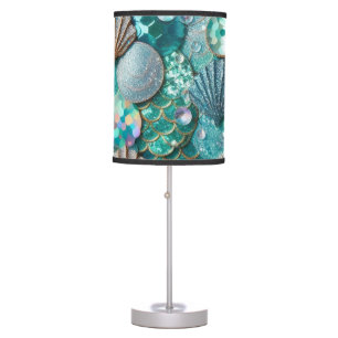 Glittery Teal Mermaid Tail Scales Print Table Lamp