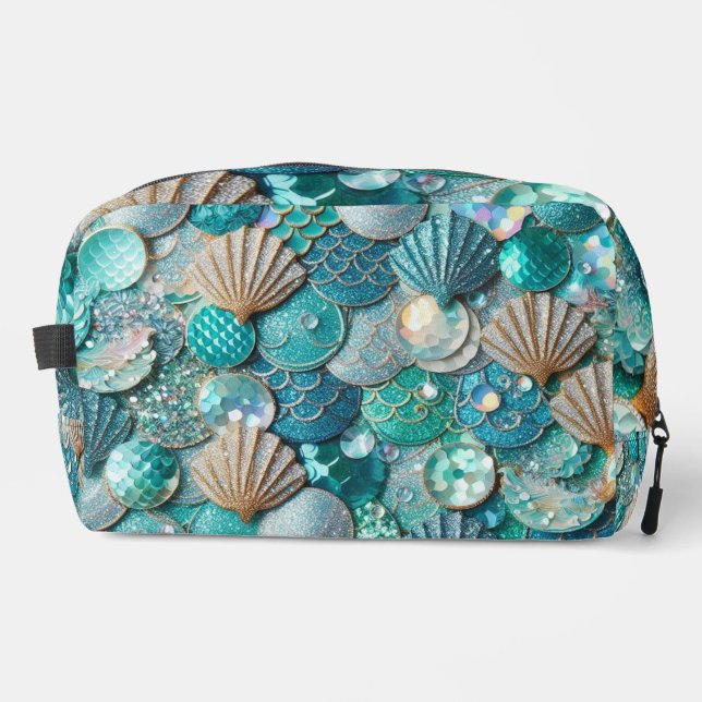 Glittery Teal Mermaid Tail Scales Shells Print  Dopp Kit (Front)