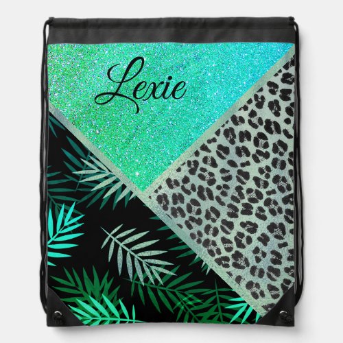 Glittery Teal Tropical Ferns Leopard Personalized  Drawstring Bag