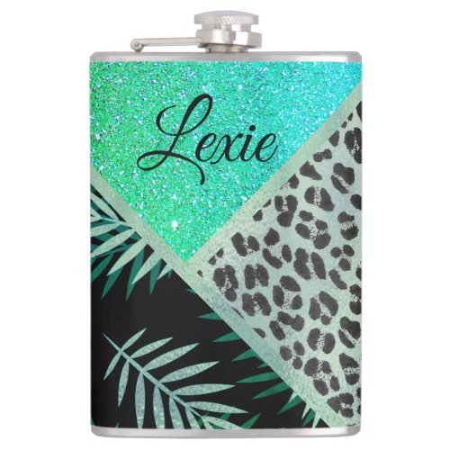 Glittery Teal Tropical Ferns Leopard Personalized  Flask