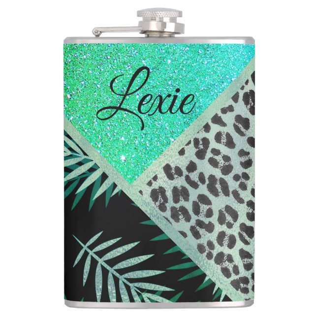 Glittery Teal Tropical Ferns Leopard Personalized  Flask (Front)