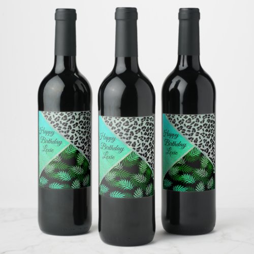 Glittery Teal Tropical Leopard Birthday          Wine Label