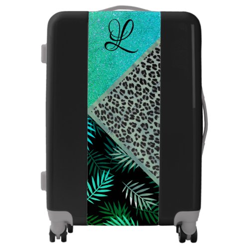 Glittery Teal Tropical Leopard Monogram   Luggage