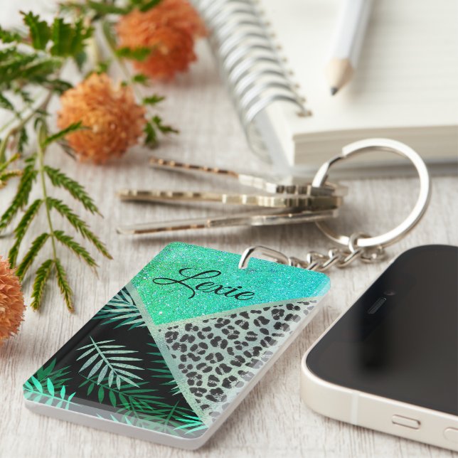 Glittery Teal Tropical Leopard Personalized    Keychain (Front Right)