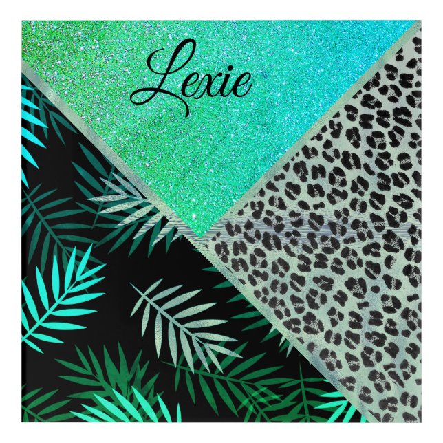 Glittery Teal Tropical Leopard Print Acrylic Print (Front)