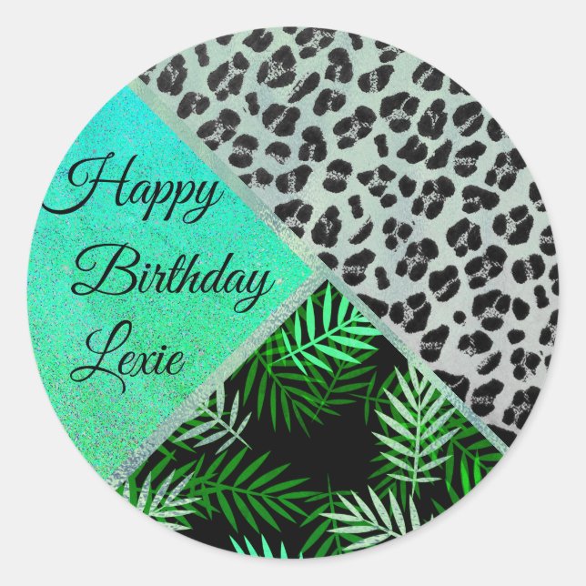 Glittery Teal Tropical Leopard Print Birthda       Classic Round Sticker (Front)