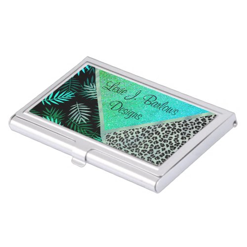 Glittery Teal Tropical Leopard Print   Business Card Case