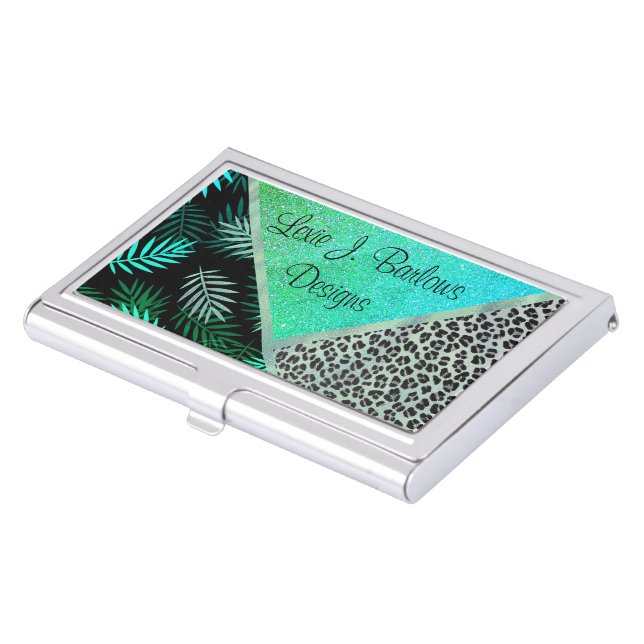 Glittery Teal Tropical Leopard Print   Business Card Case (Front)