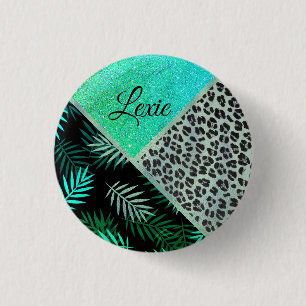 Glittery Teal Tropical Leopard Print Button