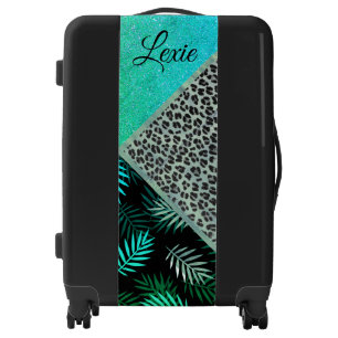 Glittery Teal Tropical Leopard Print Luggage