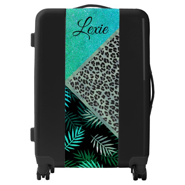 Glittery Teal Tropical Leopard Print   Luggage (Front)