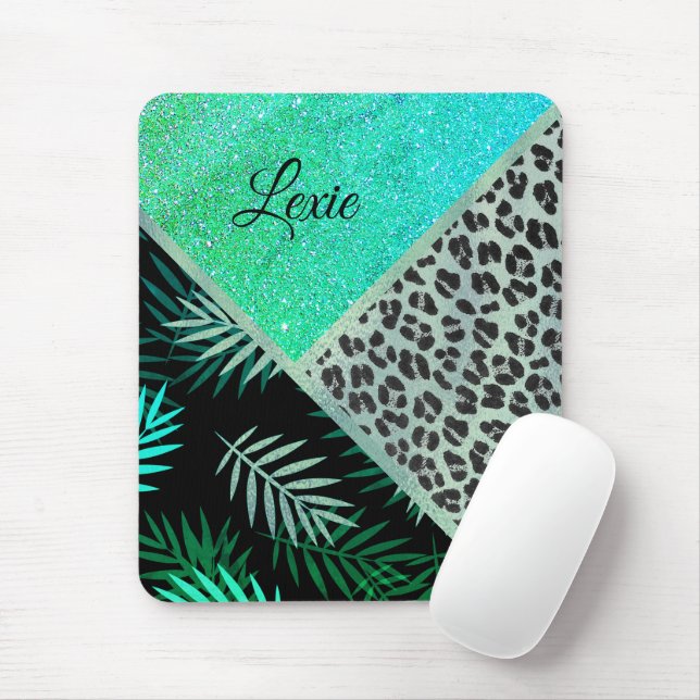 Glittery Teal Tropical Leopard Print Mouse Pad (With Mouse)