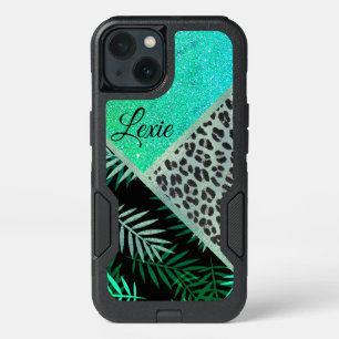 Glittery Teal Tropical Leopard Print iPhone 13 Case