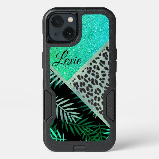 Glittery Teal Tropical Leopard Print   Otterbox iPhone Case (Back)