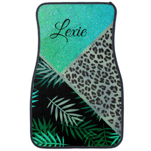 Glittery Teal Tropical Leopard Print Personalized Car Floor Mat