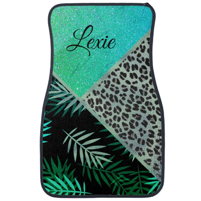 Glittery Teal Tropical Leopard Print Personalized  Car Floor Mat (Front)