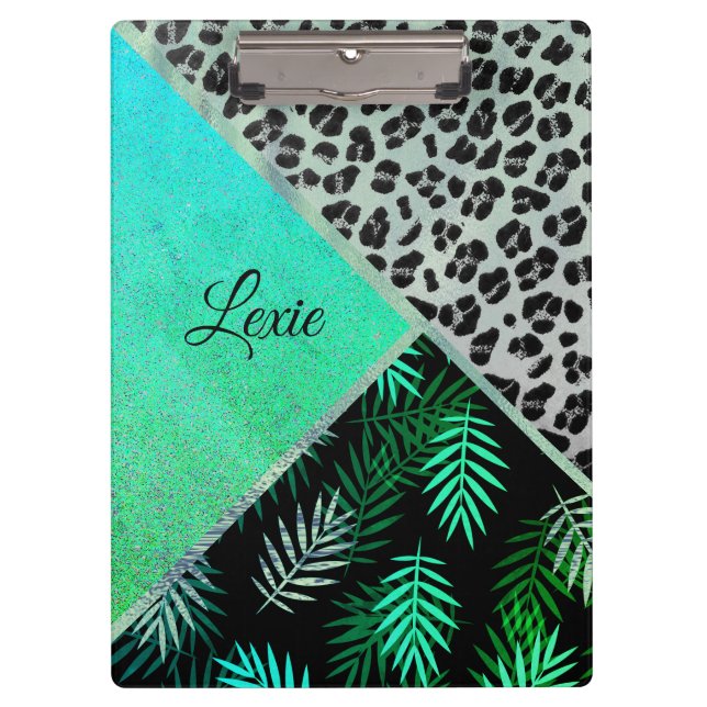 Glittery Teal Tropical Leopard Print  Personalized Clipboard (Front)