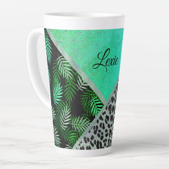 Glittery Teal Tropical Leopard Print Personalized Latte Mug (Left Angle)